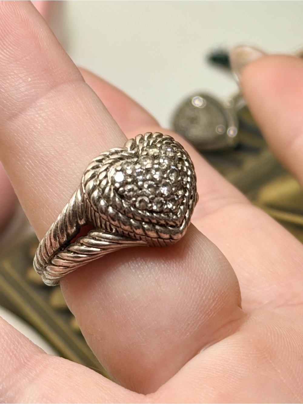 Judith Ripka 925 Silver Heart Ring with Pavé Crystals